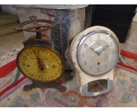Antique scales, Smiths metal clock and an art deco coal bin