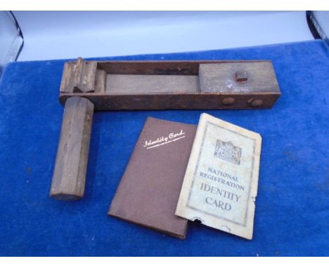 WW1 British Army wooden gas trench rattle with a 1940's identity card