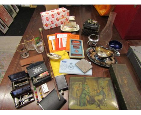 A collectors lot to include 3 x vintage boxed razors, Rolls Royce ashtray, ordnance survey maps, silver plate items, vintage 