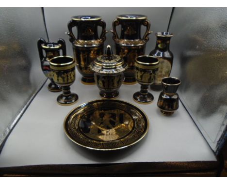 Greek ceramics- Black with 24k decoration and trim comprising 2 large vases  (one has a chip on the handle  which is inside) 