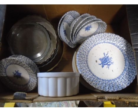 Half a stillage of china, glasses, vintage jelly molds, food mixer- new in box, sundries. stillage not included