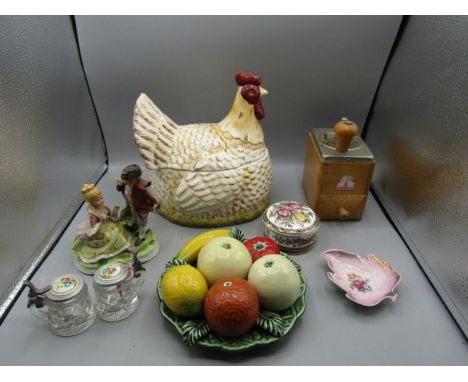 Chicken crock, glazed fruit basket, trinket dish and pot, figures and a coffee grinder