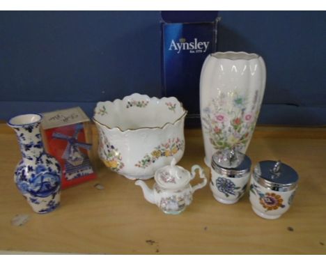 Aynsley, Royal Doulton 'Bramley hedge' mini teapot,  Delft vase and windmill and Royal Worcester egg coddlers