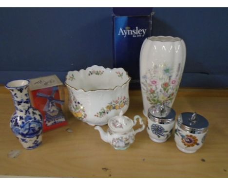 Aynsley, Royal Doulton 'Bramley hedge' mini teapot,  Delft vase and windmill and Royal Worcester egg coddlers