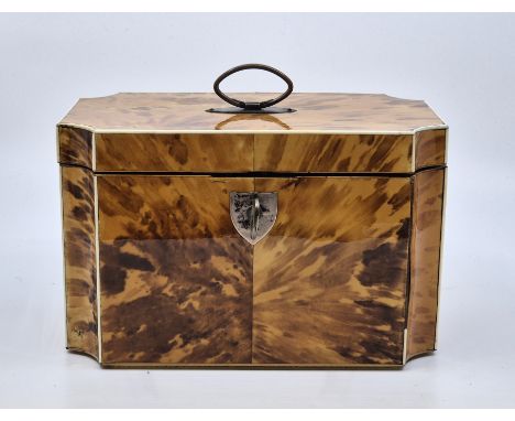 A George III blonde tortoiseshell and ivory strung tea caddy, c.1800, of straight rectangular form with concave corners, Shef