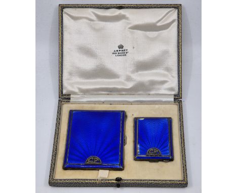 An Asprey & Co Ltd. Art Deco silver and blue guilloche enamel cigarette and matchbook case set, makers mark for  Asprey & Co 