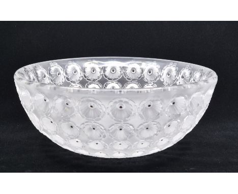 A Lalique Nemours pattern circular glass bowl, post-war, all-over moulded flower heads with black enamel centres, etched "Lal