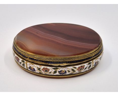 A Continental gilt metal, agate and cloisonne enamel oval box, the base with convex polychrome enamel side of flowers against