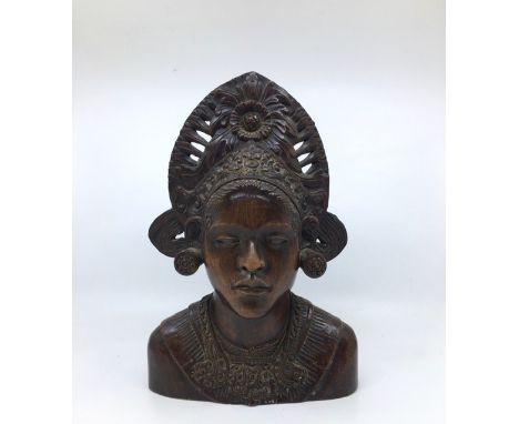 A 20th cent Burmese wooden carved portrait bust&nbsp;