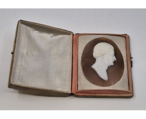 A late 19th century carved shell portrait cameo, being a bust length profile portrait of a gentleman (sitter unidentified), h