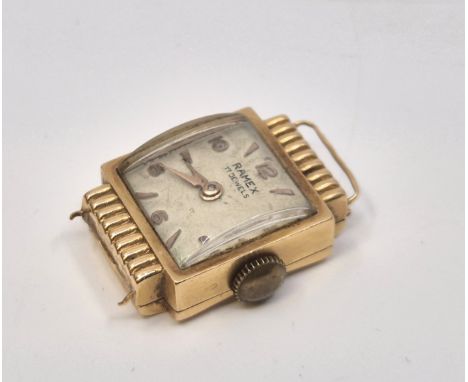 An 18ct. gold Ramex ladies' wrist watch, manual movement, having signed square white enamel dial with quarterly Arabic numera