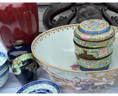 A large 18th century Chinese bowl, Chinese porcelain bowls, Chinese enamel ware, wooden stands , vases bowls and others   Add