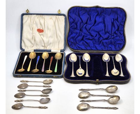 A set of six Norwegian sterling silver gilt and enamel coffee spoons, by N M Thune, slight loss of enamel to green spoon, in 