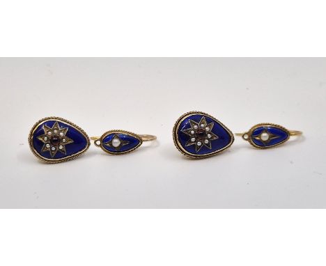 A pair of yellow metal, blue cloisonne enamel and seed pearl drop earrings, later converted into two pairs of earrings, the l