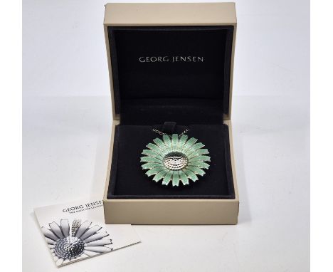 A Georg Jensen Daisy Collection sterling silver and green guilloche enamel pendant/brooch, the back stamped "Georg Jensen" in
