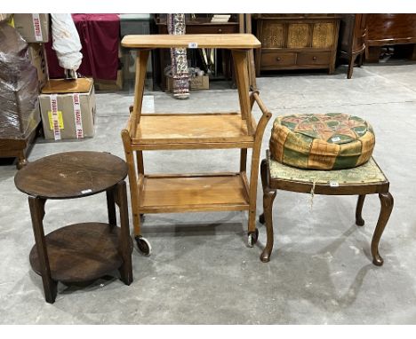 A tea trolley; two occasional tables; a leather pouffe and a stool. (5).