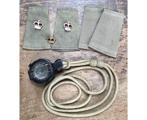 WW2 British Army tropical/desert Major rank slides with two other unused rank slides with a early MK III WW2 prismatic compas