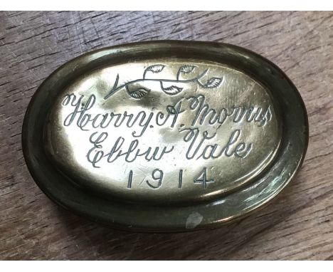 Early WW1 trench art, Brass Snuff/Trinket Box.Inscribed and dated 1914, approx 7cm