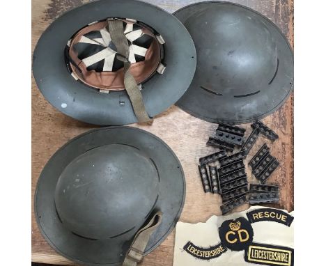 Three WW2 Helmets, MK4 303 ammunition clips and cloth shoulder flashes for WW2 Fire & Rescue Volunteer from Leicestershire.