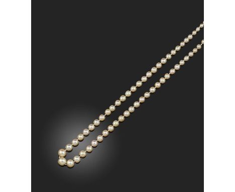 An Art Deco natural pearl and diamond necklace, 1920s, designed as a single strand of graduated pearls measuring 3.3-7.9mm, t