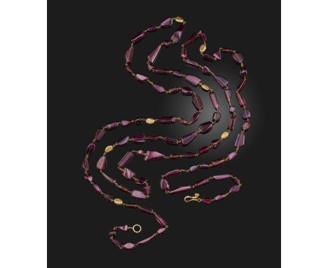 Maurizio Pintaldi, a tourmaline bead necklace, the irregular pink tourmaline beads interspersed with gold nuggets, unsigned, 