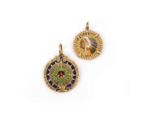 Two gold and enamel pendants, one set with an American 1914 five dollar coin applied with multicoloured enamel, in a gold mou