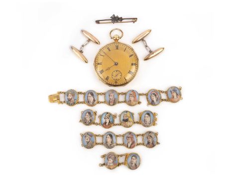 λ λ A collection of jewellery including two Royal gifts, comprising: an 18ct gold open faced pocket watch, the gilt dial with