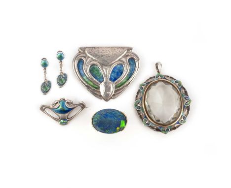 A collection of silver and enamel Arts and Crafts jewellery, including a brooch by Charles Horner, early 20th century, and an