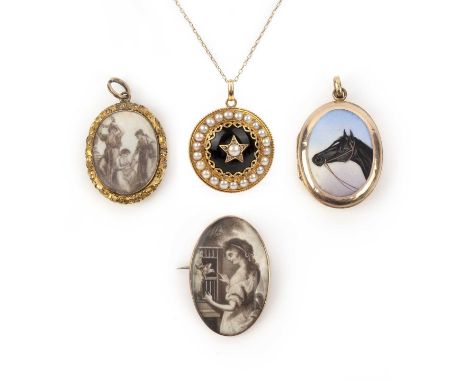 λ Two ivory miniature jewels, a pendant and a locket, comprising: a brooch and a pendant, each set with an ivory miniature in