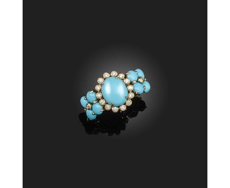 A turquoise and diamond ring, centring on a cluster set with a cabochon turquoise surrounded with brilliant-cut diamonds, bet