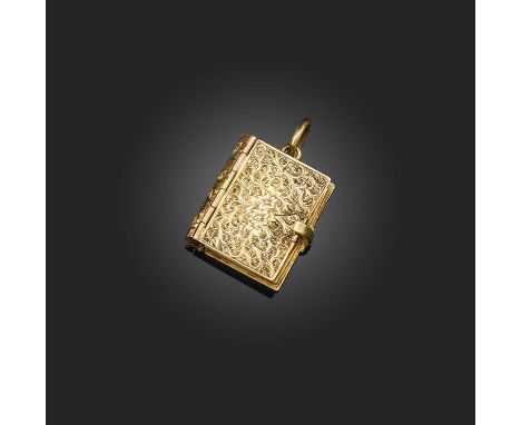 A mid 19th century locket pendant, in the form of a book which opens to reveal 12 photographs within engraved gold frames, fo