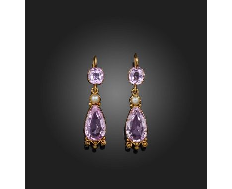 A pair of pink topaz and pearl earrings, mid 19th century, each of pendent design, composed of a cushion-shaped pink topaz su