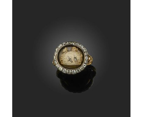 An unusual jasper cameo and diamond ring, 17th/18th century and later, set with an oval speckled jasper cameo depicting three