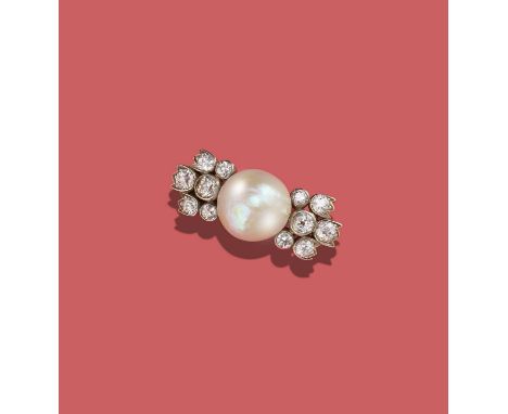 A late 19th century pearl and diamond brooch, the large pearl set within clusters of old-cut diamonds in foliate silver and g