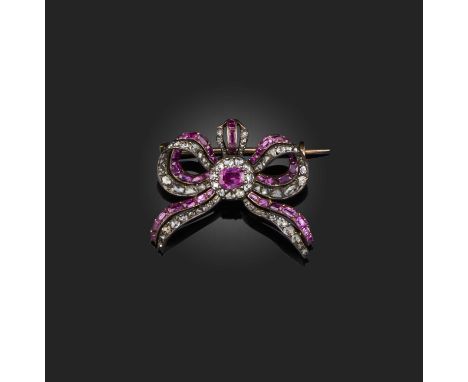 A George III ruby and diamond brooch, late 18th/early 19th century, designed as a ribbon bow, set with cushion-shaped and ros