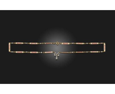 An enamel, seed pearl and diamond necklace, early 20th century, composed of rectangular links applied with pink guilloché, wh