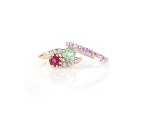 Two rings, one of toi-et-moi design set with a circular-cut pink and green tourmaline, to a gold band set with circular-cut d