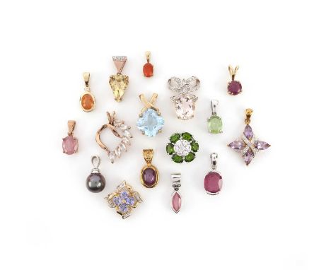 A collection of gem-set pendants, comprising: a spessartine garnet and diamond in a 9ct gold mount, length 2cm, a claw-set mo