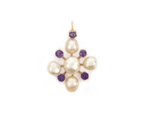 A pearl and amethyst pendant, early 20th century, of cross design constructed in gold knife wire, set with pearls and circula