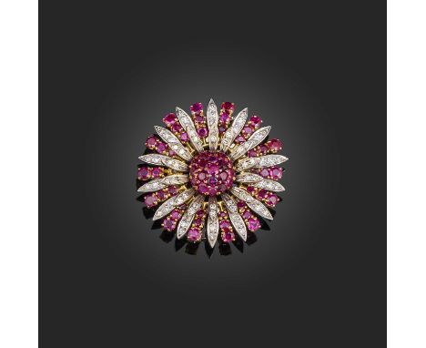 Φ Φ Ben Rosenfeld, a ruby and diamond brooch, designed as a stylised flowerhead set with graduated rubies and diamonds in 18c