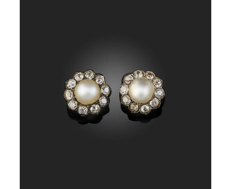 A pair of natural pearl and diamond earrings, late 19th century, each designed as a foliate cluster, set with a pearl measuri