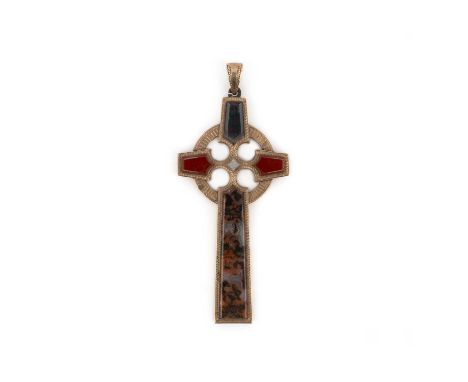 A Victorian Celtic cross pendant, late 19th century, set with bloodstone and jasper framed by chased zig-zag borders and flut