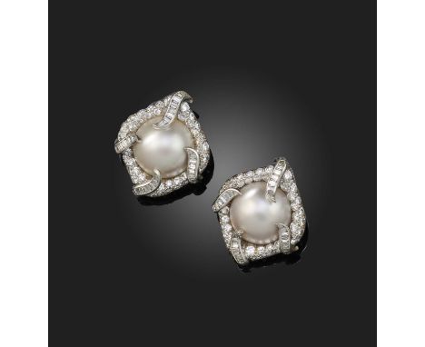 A pair of mabé cultured pearl and diamond earrings, of lozenge design, the mabé cultured pearls set within scrolling baguette