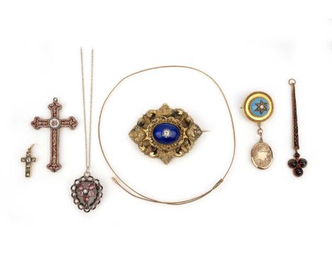 A collection of jewellery, comprising: a cross pendant set with rose-cut diamonds, length 2.6cm; an elongated pendant set wit