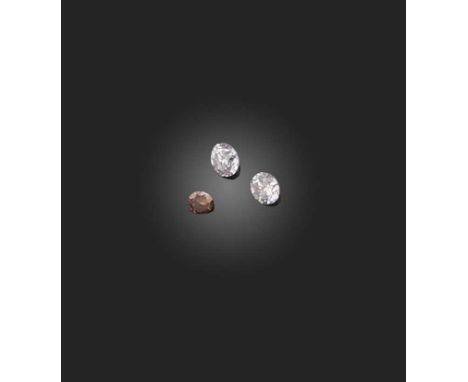 † † Three loose natural fancy-coloured diamonds, comprising: two brilliant-cut Very Light Pink diamonds weighing 0.11 and 0.1