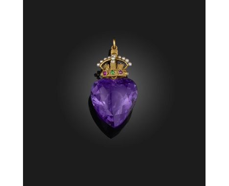 A Victorian amethyst and gem-set pendant, mid 19th century, designed as a heart-shaped amethyst surmounted by the Imperial St