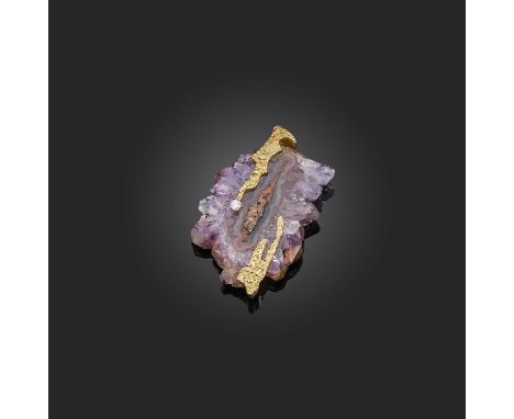 Φ Φ Andrew Grima, an amethyst and diamond brooch, 1969, the amethyst drusy set within textured abstract gold decoration accen