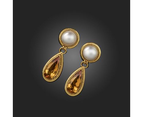 A pair of citrine and mabé cultured pearl earrings, of pendent design, the cultured pearls and pear-shaped citrines set in 18