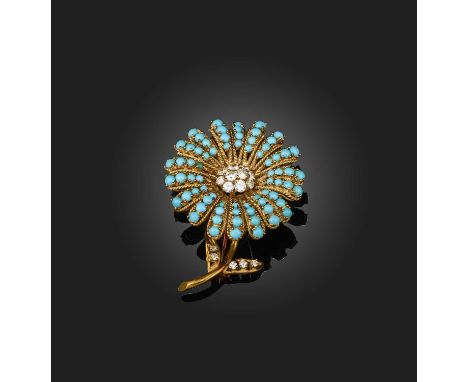 Φ Φ Ben Rosenfeld, a turquoise flower brooch, 1965, set with a central cluster of diamonds within graduated turquoise leaves 