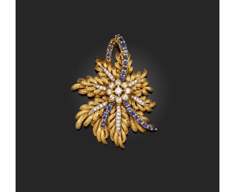 Kutchinsky, a sapphire and diamond brooch, circa 1965, of abstract foliate design, in engraved 18ct gold, set with circular-c